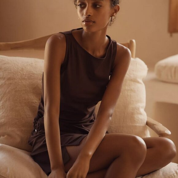 NWT By Anthropologie Short-Sleeve Belted Sash Mini Dress in Dark Brown XS & XL - Picture 4 of 10